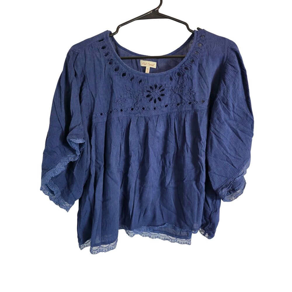 Red Camel Boho Navy Blue Eyelet Embroidered Lace Trim Peasant Blouse Top XL